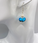 Blue and White Lampwork Heart and Freshwater Pearl Earrings