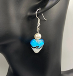 Blue and White Lampwork Heart and Freshwater Pearl Earrings