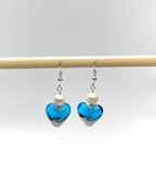 Blue and White Lampwork Heart and Freshwater Pearl Earrings