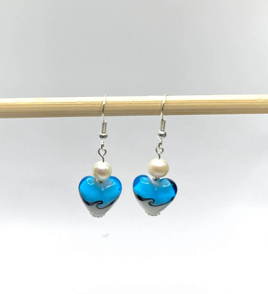 Blue and White Lampwork Heart and Freshwater Pearl Earrings
