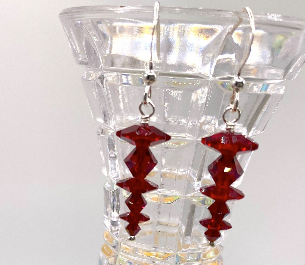 Red Descending Stacked Siam Swarovski Crystal Earrings
