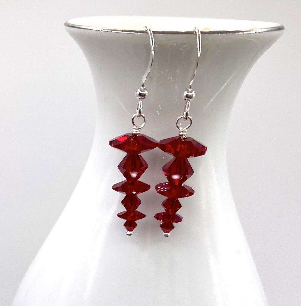 Red Descending Stacked Siam Swarovski Crystal Earrings
