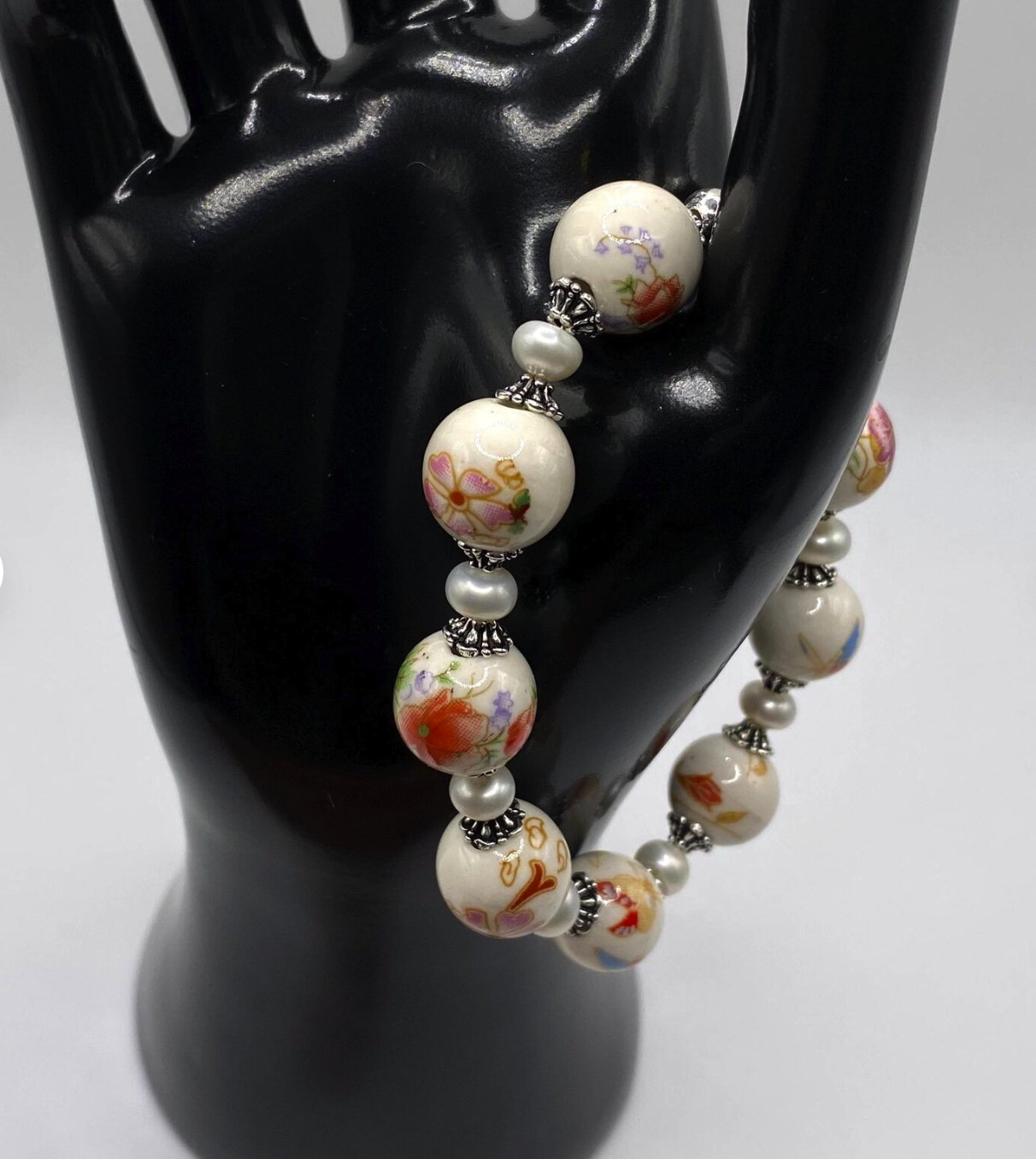 White Floral Porcelain and Freshwater Pearl Bracelet