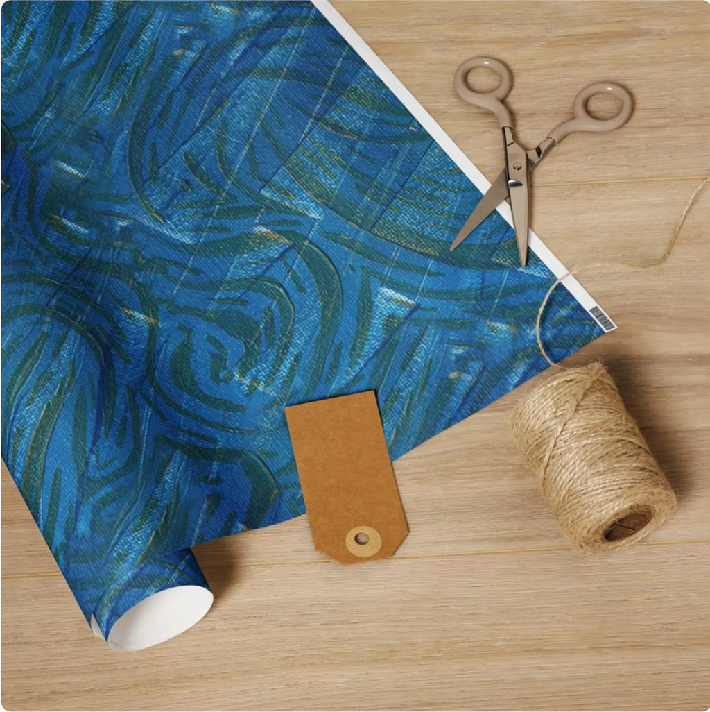 Abstract Blue and Gold Wrapping Paper - Matte or Glossy Finish - 3 roll length options
