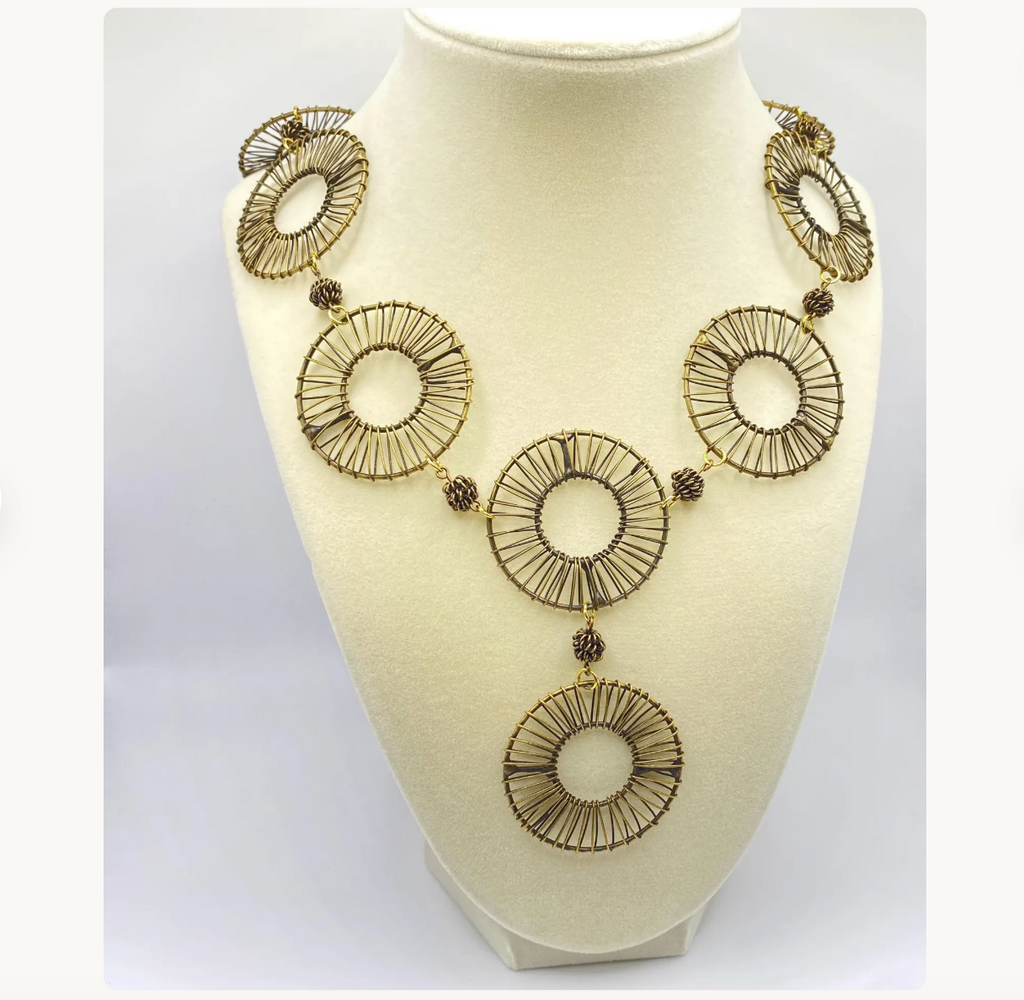 Antique Gold Plated Brass Wire Wrapped Ring Necklace
