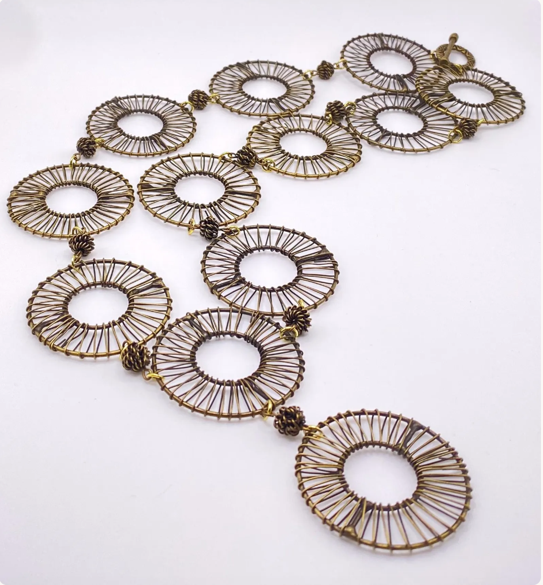 Antique Gold Plated Brass Wire Wrapped Ring Necklace