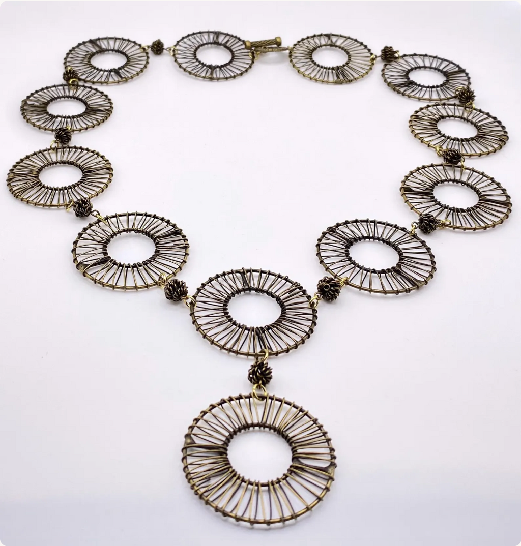 Antique Gold Plated Brass Wire Wrapped Ring Necklace
