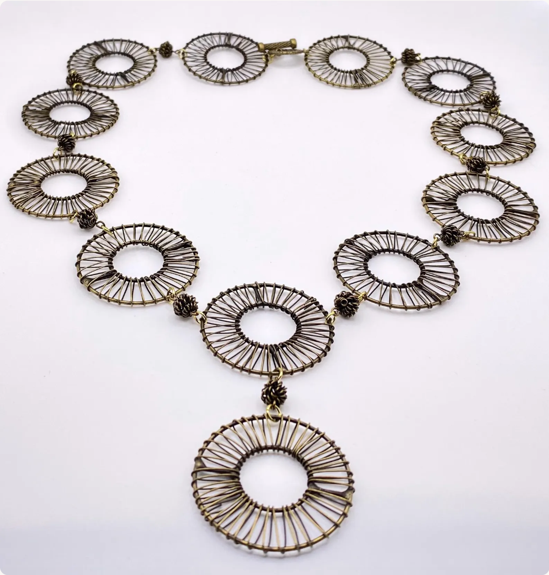 Antique Gold Plated Brass Wire Wrapped Ring Necklace