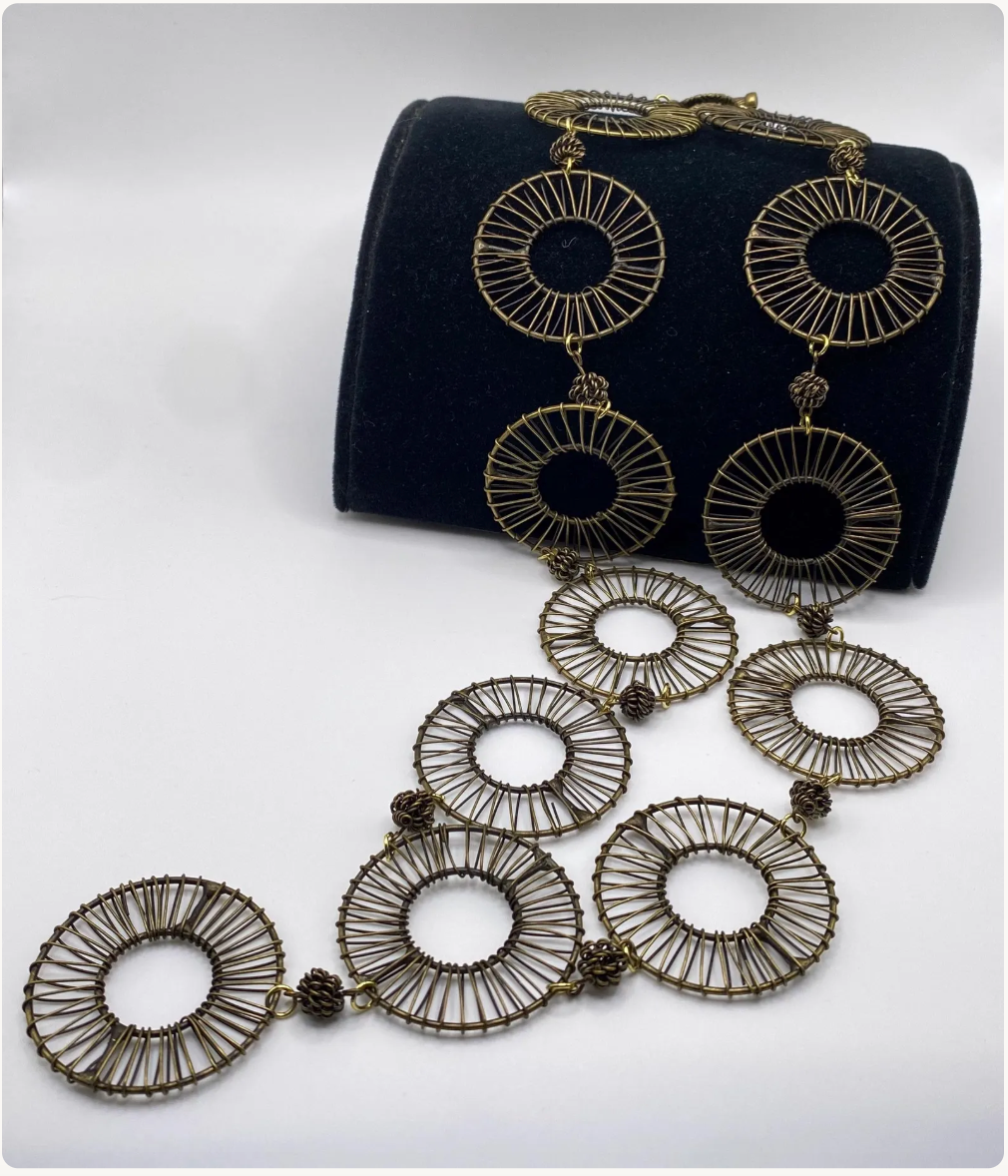 Antique Gold Plated Brass Wire Wrapped Ring Necklace