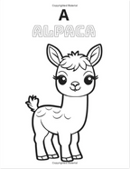 A black and white line art coloring page featuring a cute cartoon alpaca with the text 'A ALPACA' at the top, on a plain white background with small copyright text at the top and bottom.