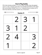 A printed Sudoku instruction sheet showing the rules for playing Sudoku and a partially filled 4x4 grid labeled Sudoku #1, with pencil illustrations above the grid and page footer text at the bottom.