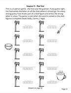 A black and white printable game worksheet titled 'Hangman #1 - Meal Time!' with instructions, a hangman frame, and small illustrations of a bowl, spoon, and coffee cup.