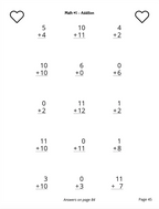 A black-and-white addition worksheet page titled 'Math #1 - Addition' with six columns of simple addition problems, heart outlines in the top corners, and notes at the bottom reading 'Answers on page 84' and 'Page 45'.