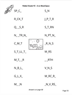 A black and white educational worksheet page titled 'Hidden Vowels #2 - In or About Space' with rows of partially filled-in words related to space, a small rocket illustration, and a small black-and-white drawing of a rocket launching. Text at the bottom says 'Answers on page 88' and 'Page 55'.
