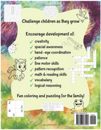 Back cover of a children's puzzle and coloring book featuring a light yellow central panel with text about family activities, cartoon illustrations including a horse, frog, bird, bee, and ladybug, and small sample puzzle grids over a colorful abstract painted background.