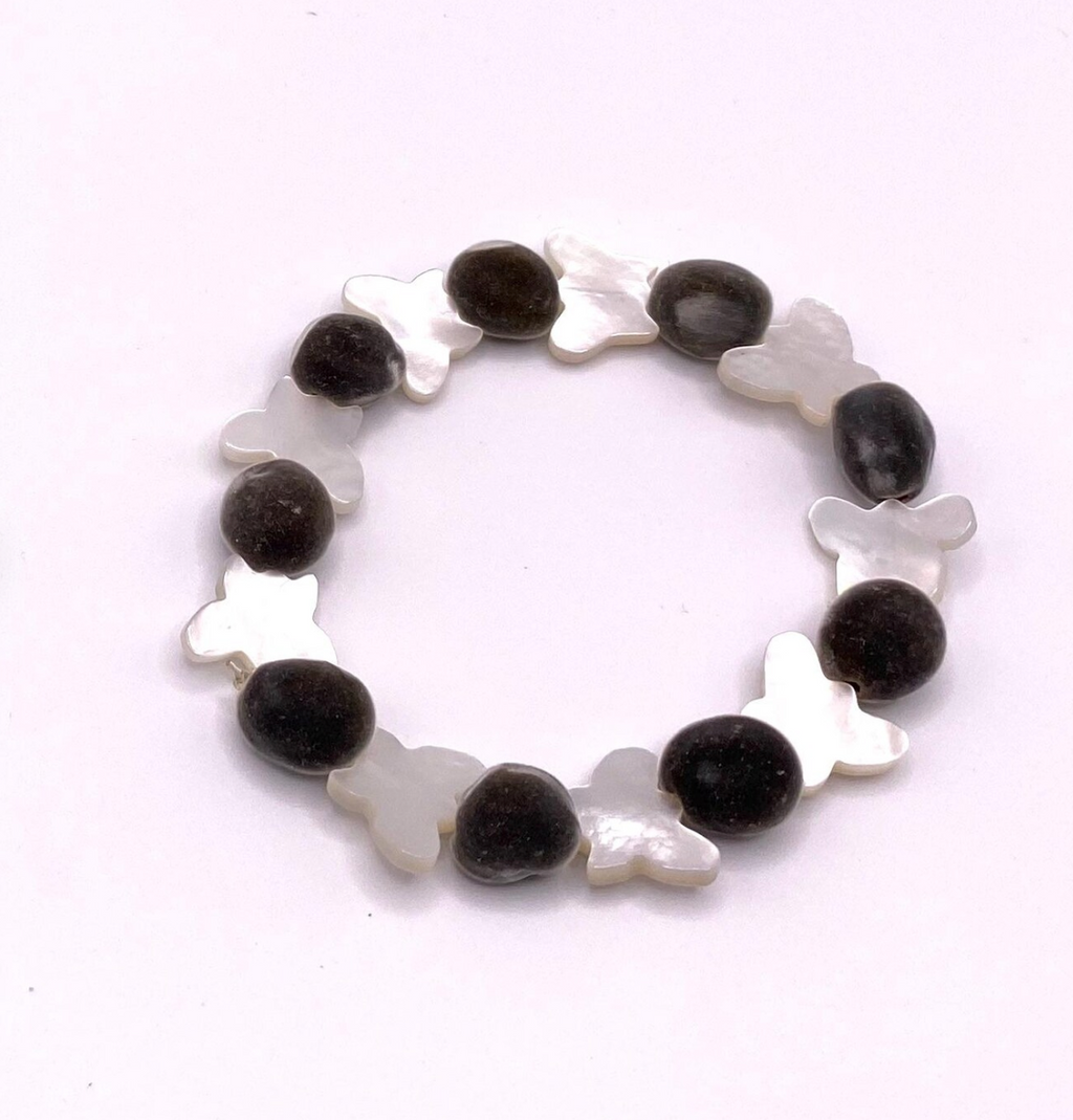 Velvety Mgambo Hua Weleweka and Mother of Pearl Butterfly Stretch Bracelet