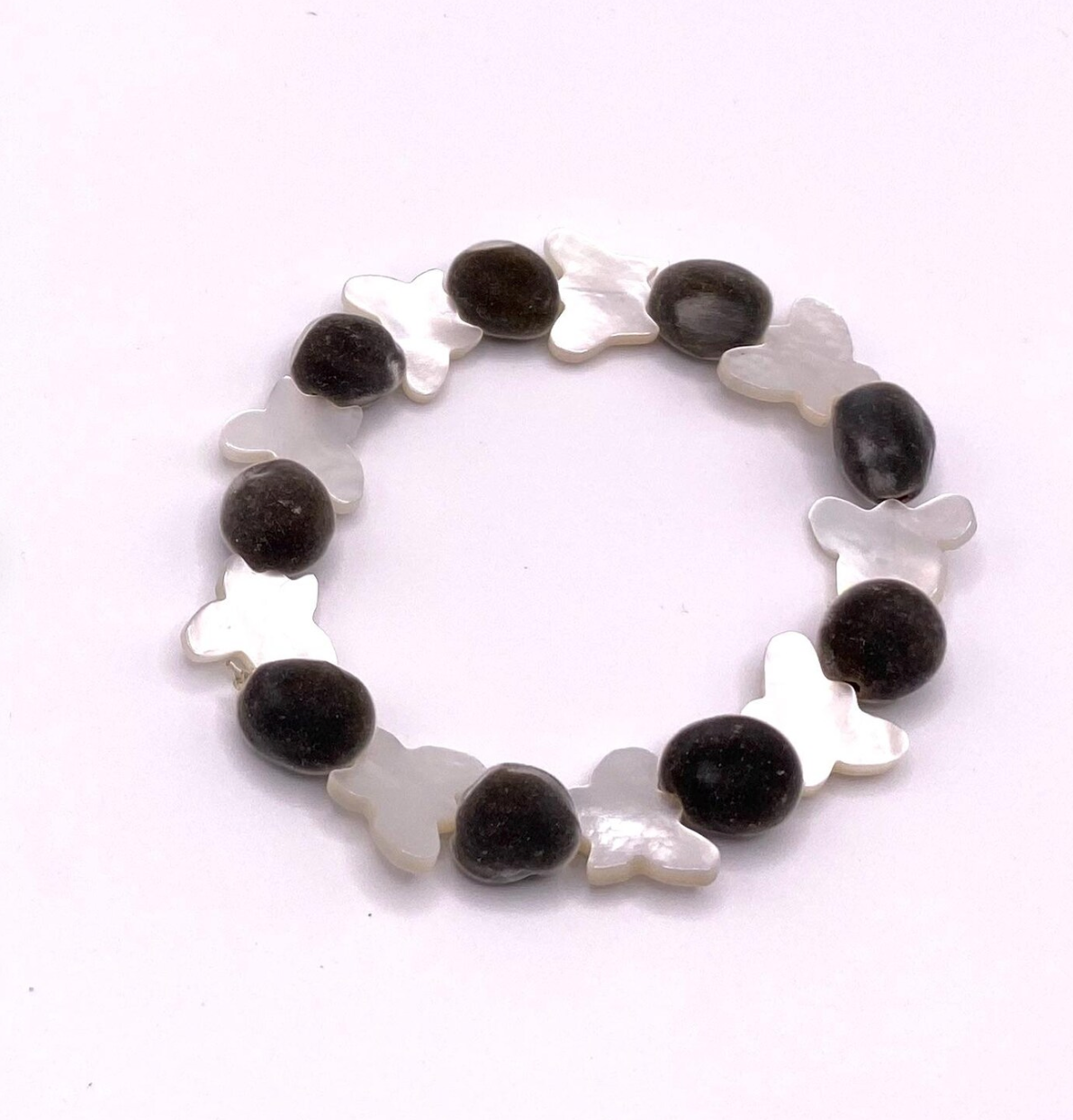 Velvety Mgambo Hua Weleweka and Mother of Pearl Butterfly Stretch Bracelet