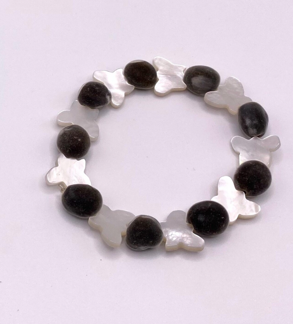 Velvety Mgambo Hua Weleweka and Mother of Pearl Butterfly Stretch Bracelet