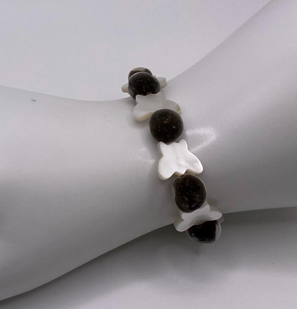 Velvety Mgambo Hua Weleweka and Mother of Pearl Butterfly Stretch Bracelet