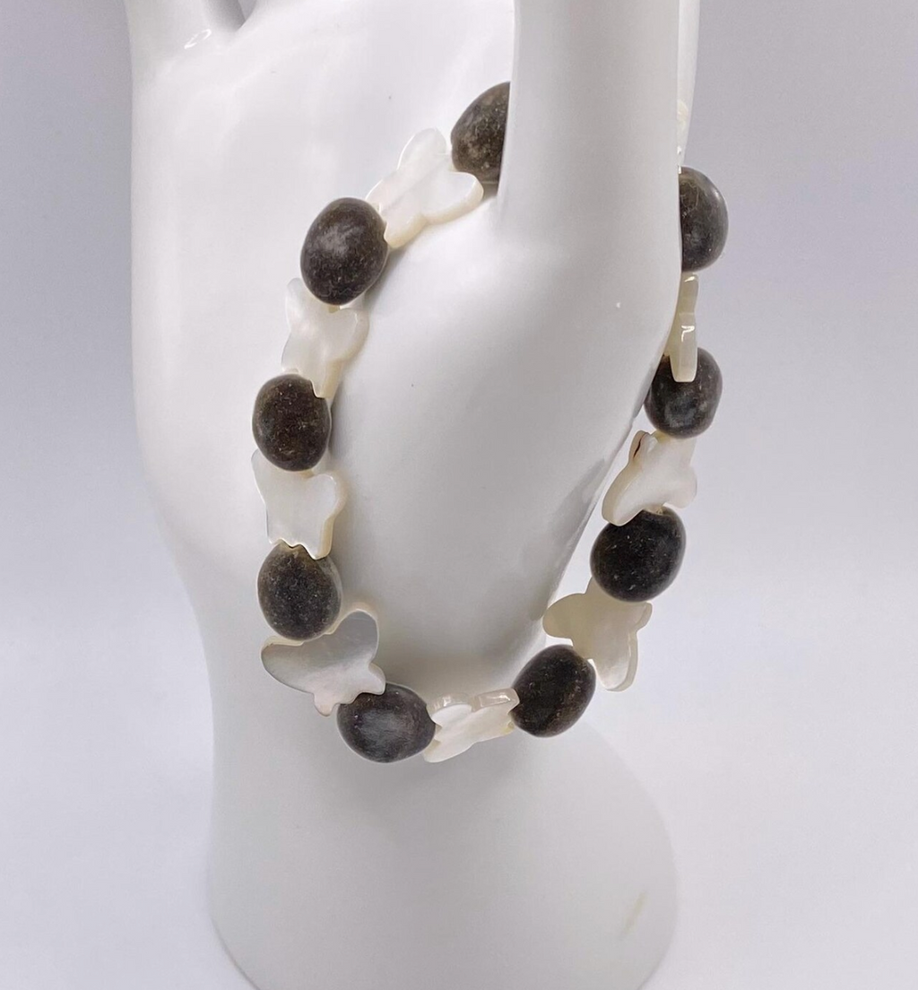 Velvety Mgambo Hua Weleweka and Mother of Pearl Butterfly Stretch Bracelet