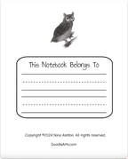 A bookplate page with a black-and-white owl illustration at the top and a large rounded box reading 'This Notebook Belongs To' with blank lines below. Small copyright text at the bottom reads 'Copyright ©2024 Nina Ashton.