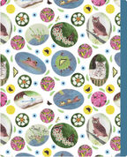 The back of a composition notebook featuring a whimsical nature-themed pattern with owls, butterflies, frogs, flowers, and small illustrated scenes on a white background, with a blue spine band visible on the right.