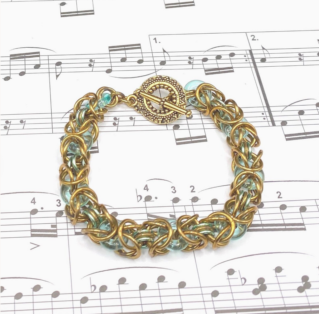 Bronze and Blue Green Chainmaille and Glass Bracelet