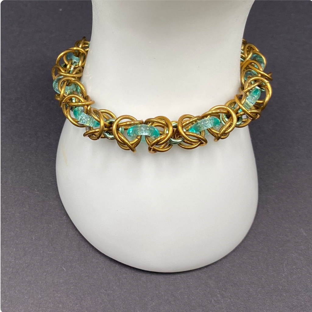 Bronze and Blue Green Chainmaille and Glass Bracelet