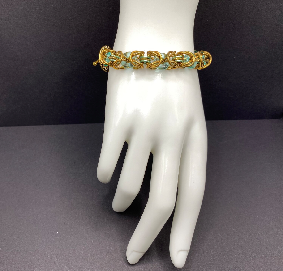 Bronze and Blue Green Chainmaille and Glass Bracelet
