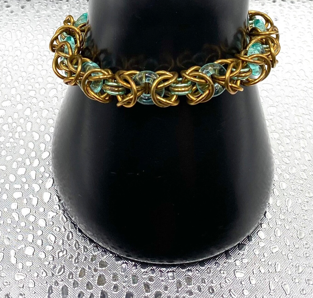 Bronze and Blue Green Chainmaille and Glass Bracelet