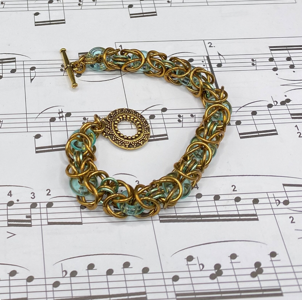 Bronze and Blue Green Chainmaille and Glass Bracelet