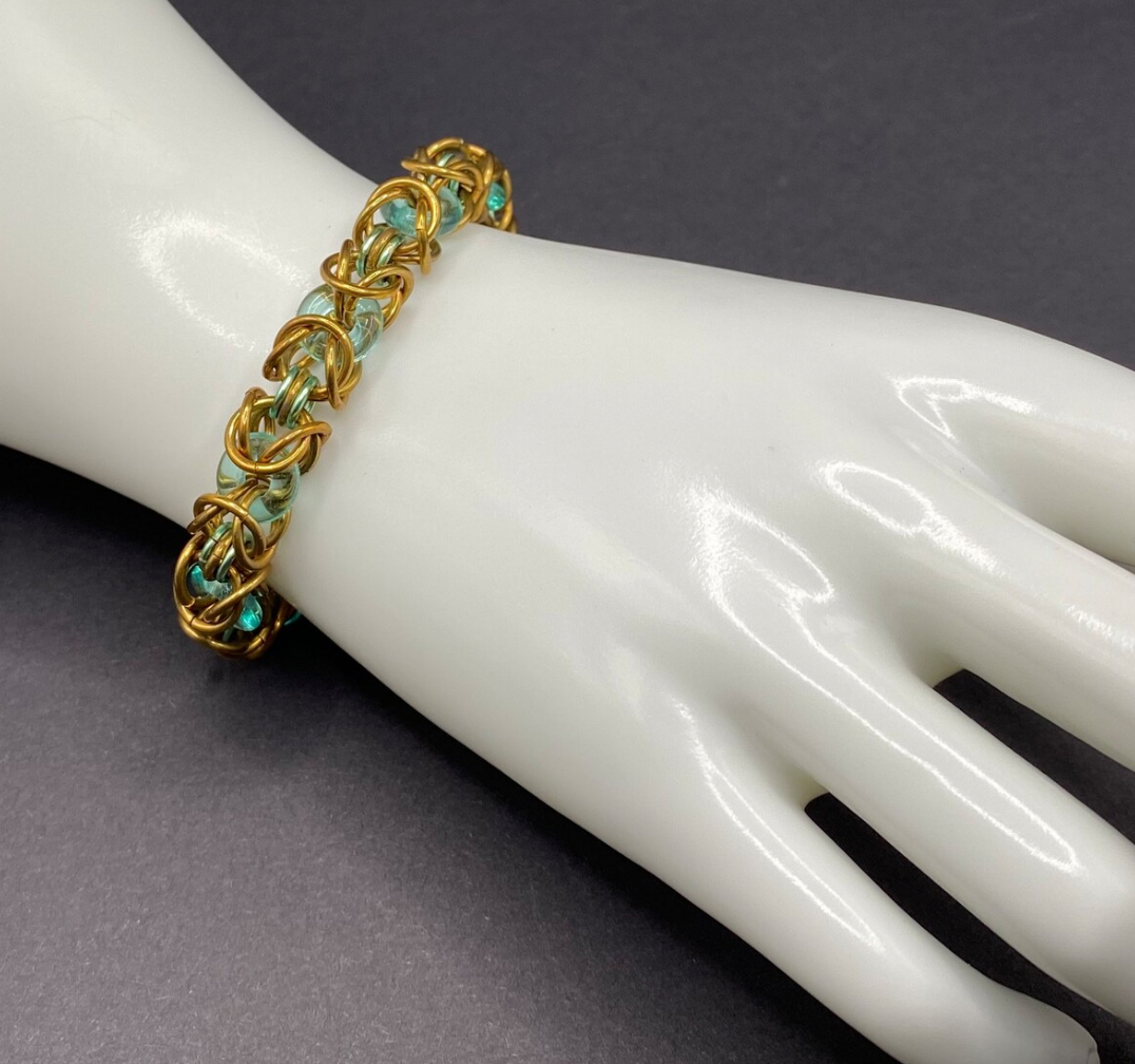 Bronze and Blue Green Chainmaille and Glass Bracelet