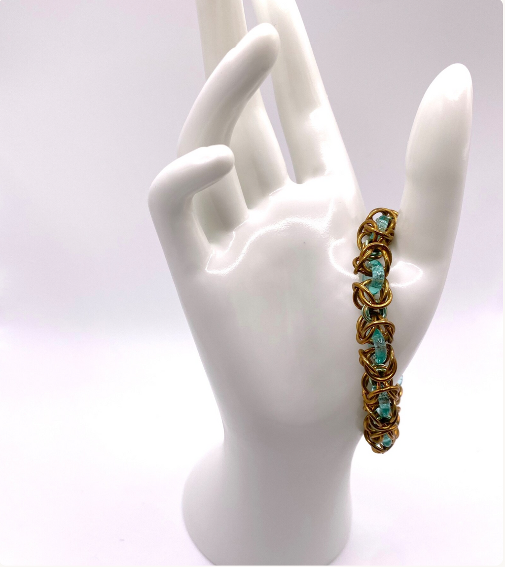 Bronze and Blue Green Chainmaille and Glass Bracelet