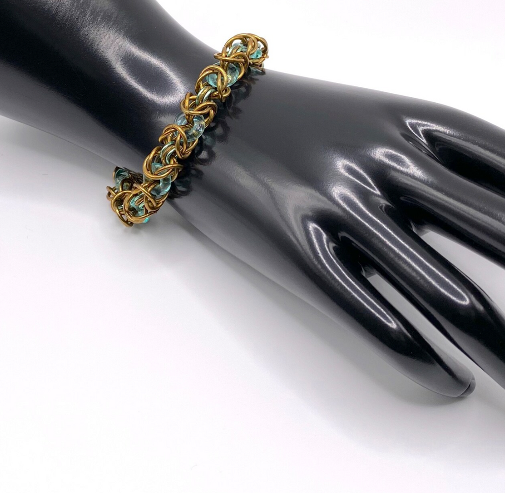 Bronze and Blue Green Chainmaille and Glass Bracelet