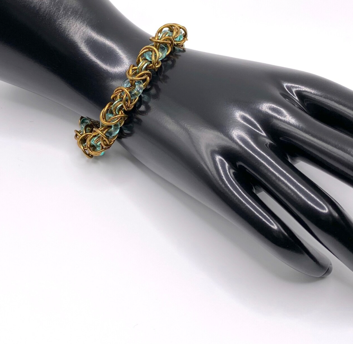 Bronze and Blue Green Chainmaille and Glass Bracelet