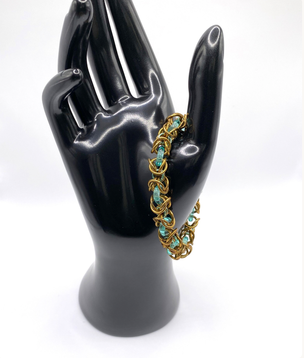 Bronze and Blue Green Chainmaille and Glass Bracelet