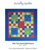A quilt pattern cover for 'Scruffy Quilts' featuring a colorful 'Nifty Nine Patch Quilt' design. The quilt pattern shows a blue border with nine square patches in red, green, and blue floral and checkered fabrics.