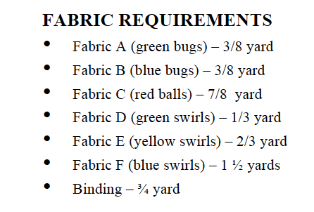 For the Nifty Nine Patch Quilt Pattern: A black text bullet-point list titled 'FABRIC REQUIREMENTS' on a white background, showing fabric needs such as green bugs, blue bugs, red balls, green swirls, yellow swirls, blue swirls, and binding in yard measurements.