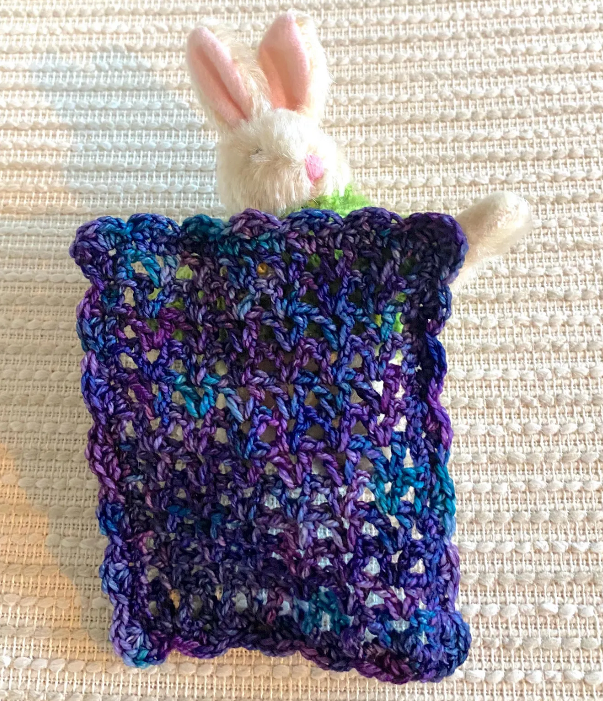 Miniature Crochet Blanket for Dollhouses & Tiny Stuffed Animals – Purple and Blue, Scalloped Edge, 2 Sizes