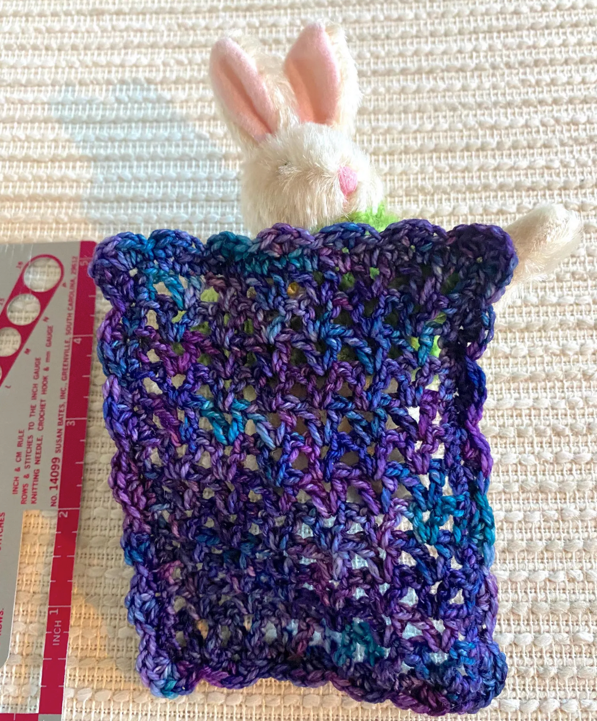 Miniature Crochet Blanket for Dollhouses & Tiny Stuffed Animals – Purple and Blue, Scalloped Edge, 2 Sizes