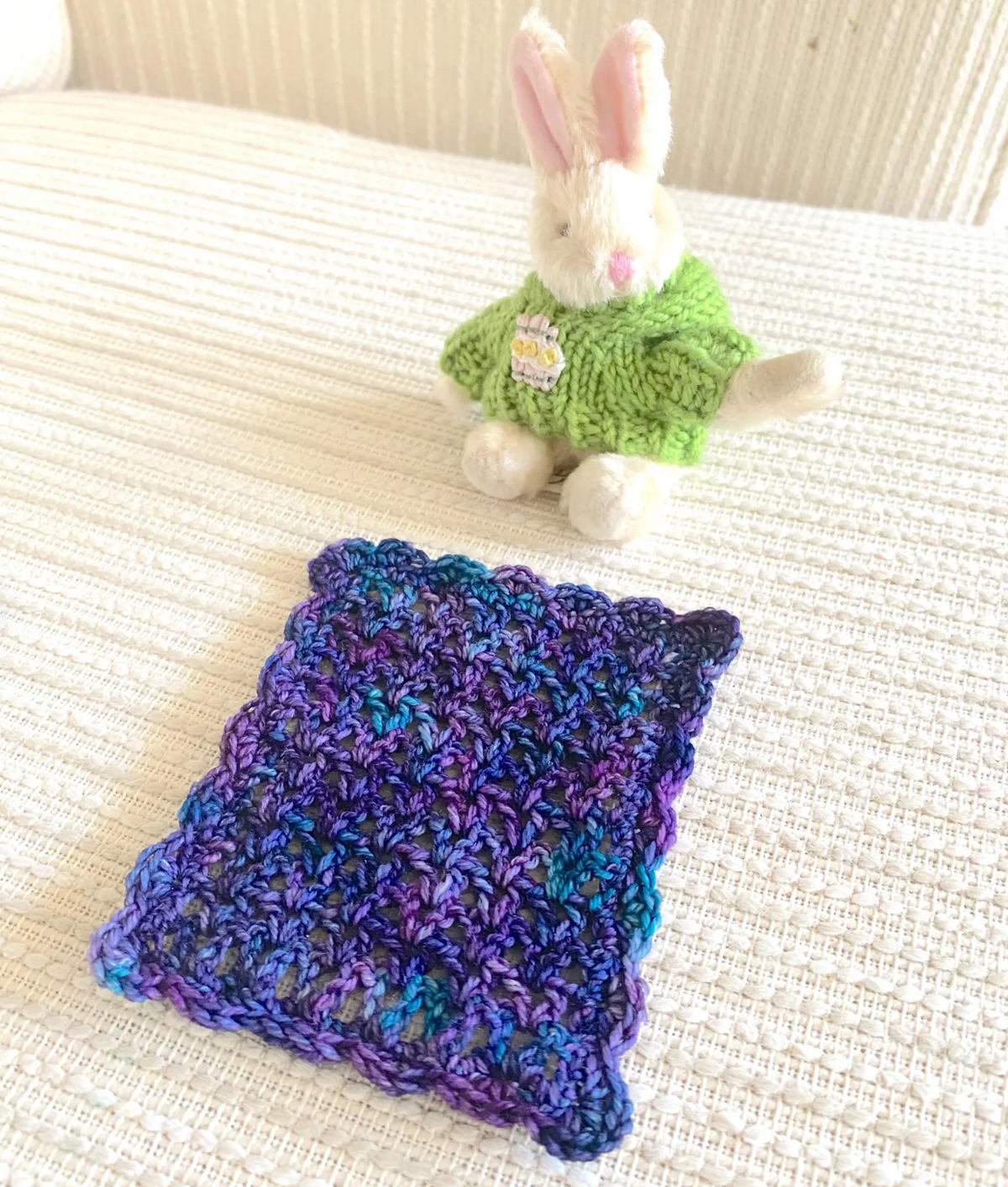 Miniature Crochet Blanket for Dollhouses & Tiny Stuffed Animals – Purple and Blue, Scalloped Edge, 2 Sizes