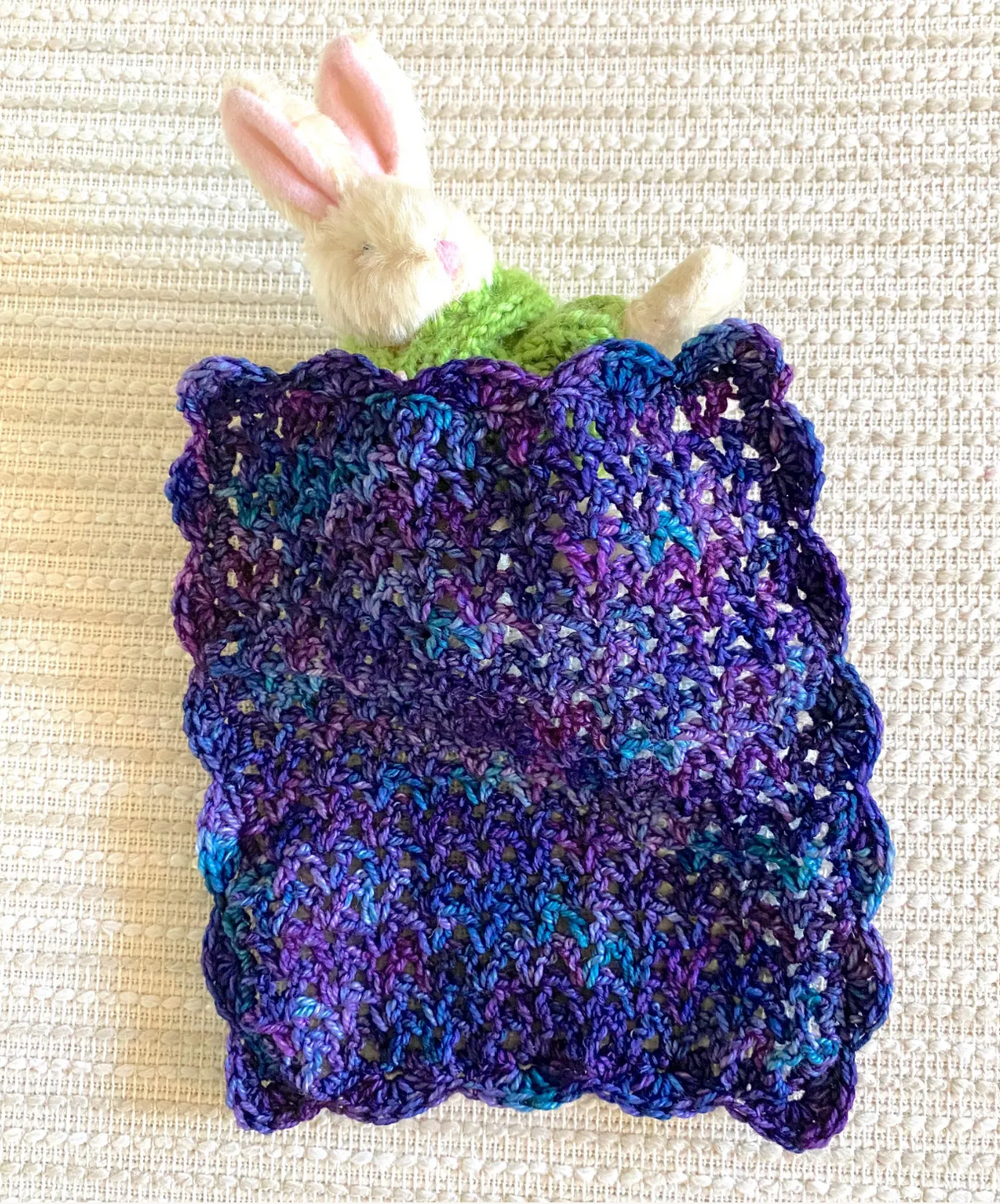 Miniature Crochet Blanket for Dollhouses & Tiny Stuffed Animals – Purple and Blue, Scalloped Edge, 2 Sizes