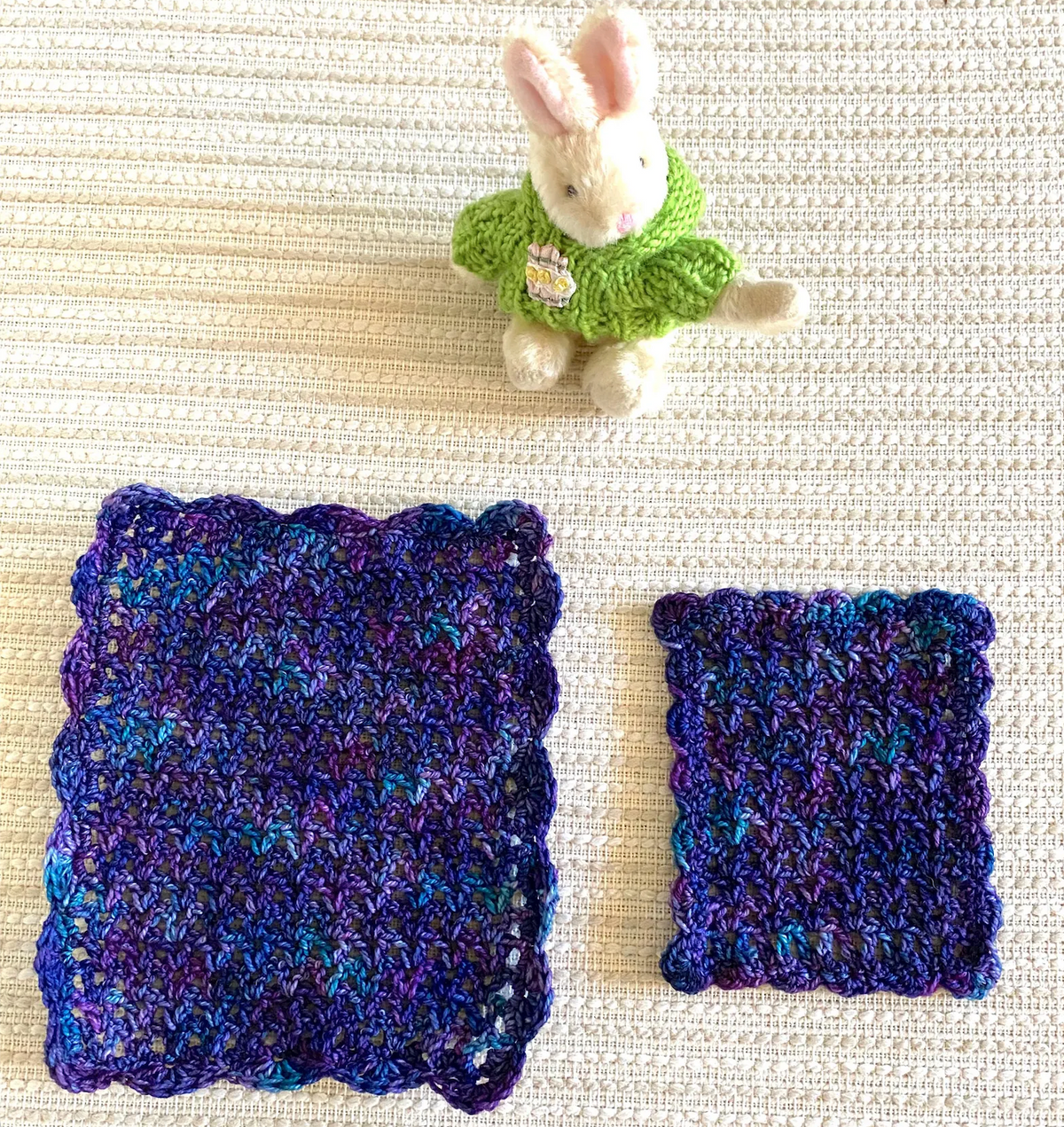 Miniature Crochet Blanket for Dollhouses & Tiny Stuffed Animals – Purple and Blue, Scalloped Edge, 2 Sizes