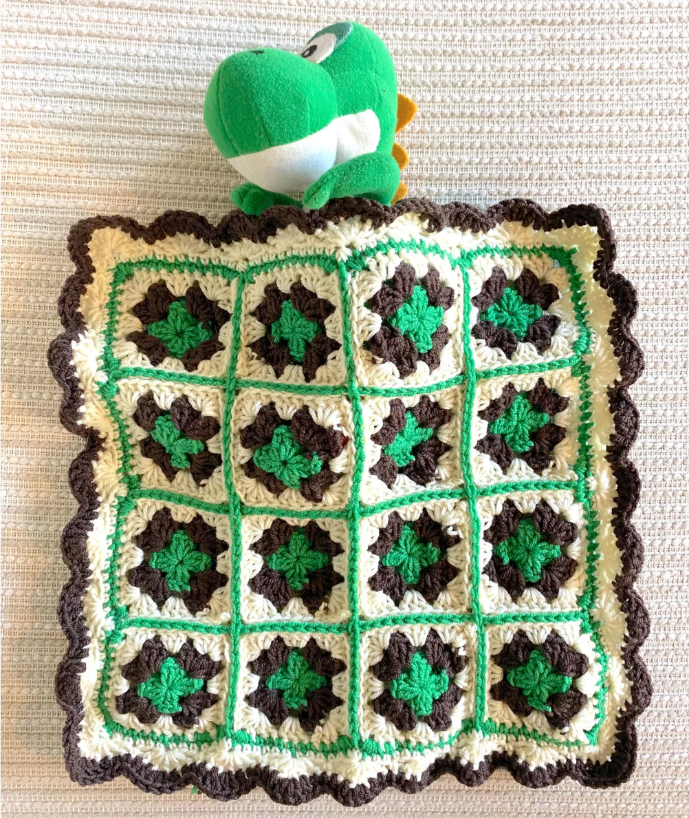 Green, Brown, and Cream Granny Square 12"x12" Crochet Doll and Stuffed Animal Blanket with Scalloped Edging