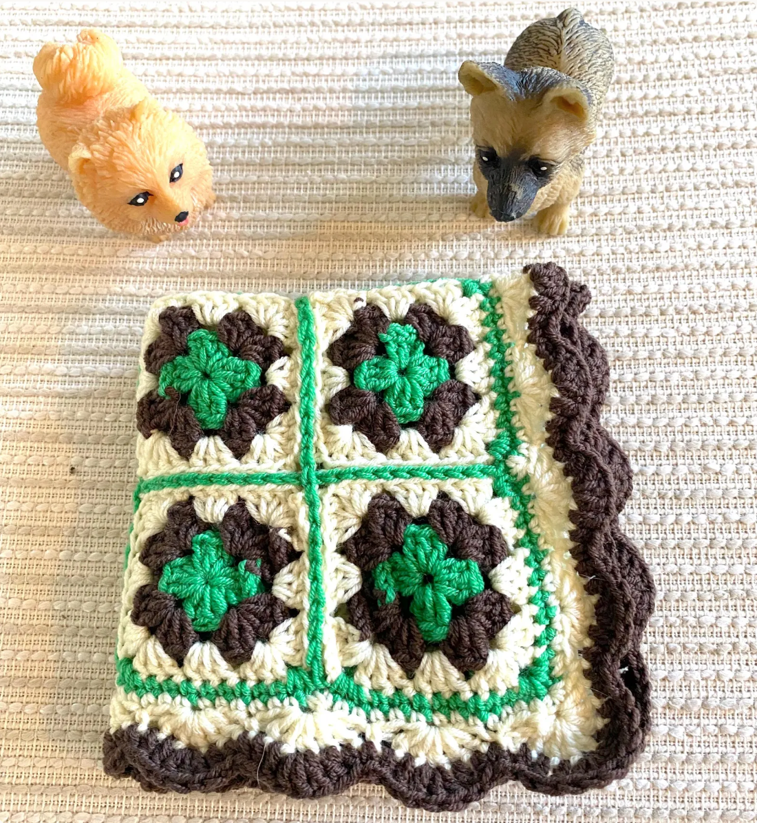Green, Brown, and Cream Granny Square 12"x12" Crochet Doll and Stuffed Animal Blanket with Scalloped Edging