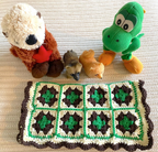 Green, Brown, and Cream Granny Square 12"x12" Crochet Doll and Stuffed Animal Blanket with Scalloped Edging
