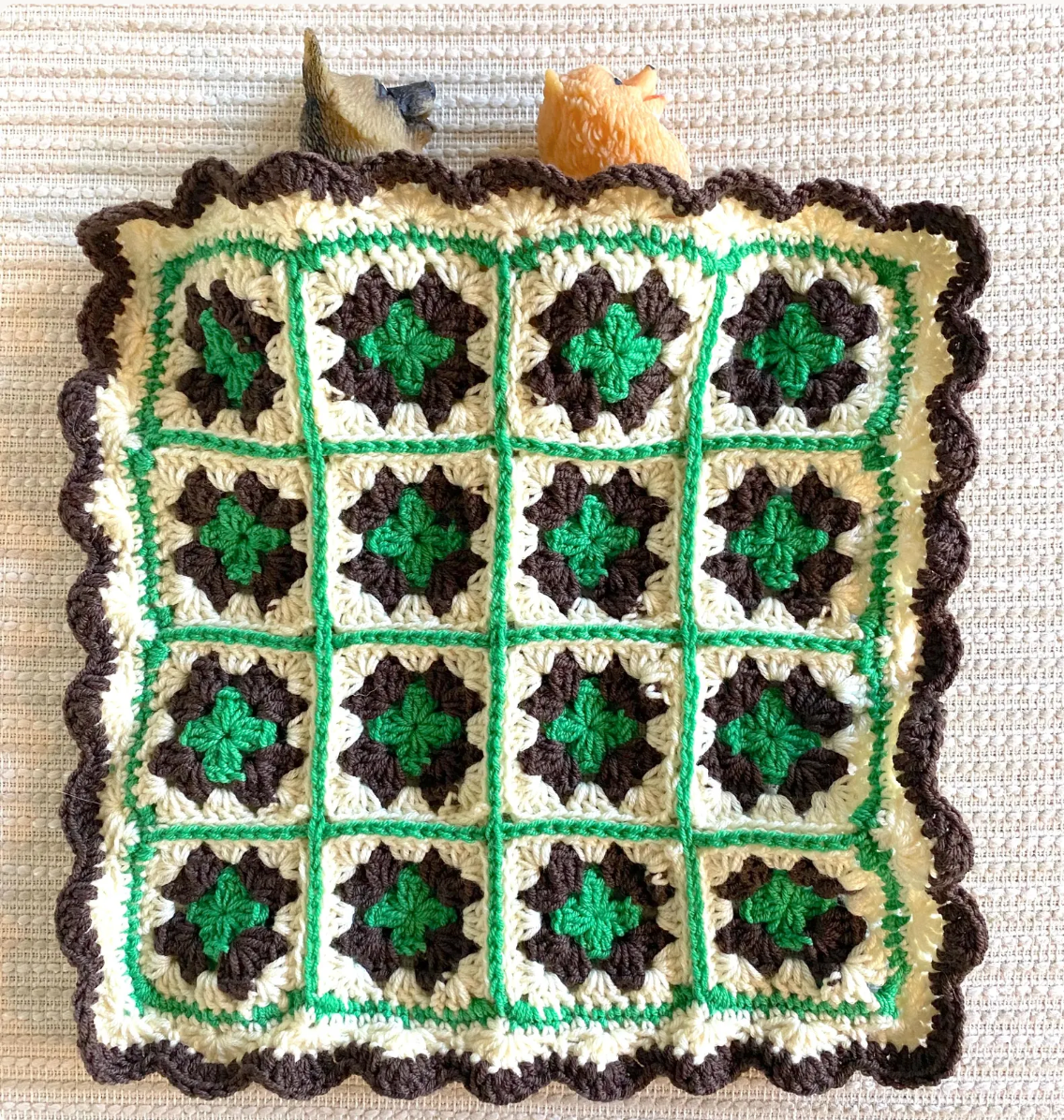 Green, Brown, and Cream Granny Square 12"x12" Crochet Doll and Stuffed Animal Blanket with Scalloped Edging
