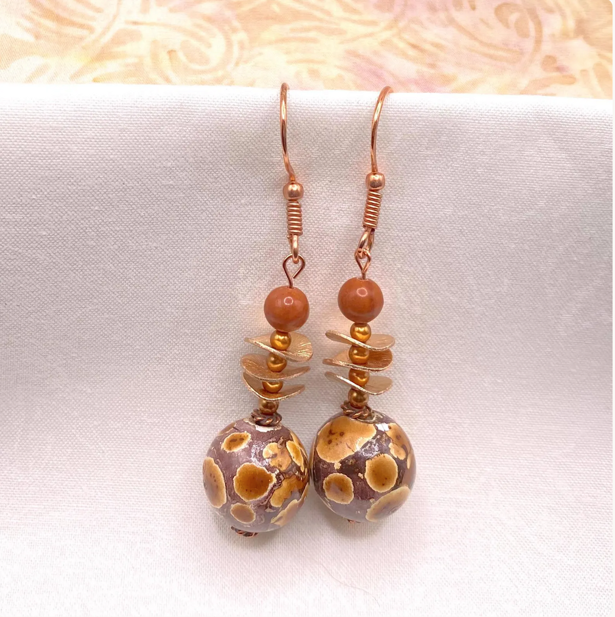 Spotted Drum Wood & Red Jasper Jewelry Set with Copper Disks: Choose Earrings, Bracelet, Necklace, or Entire Set
