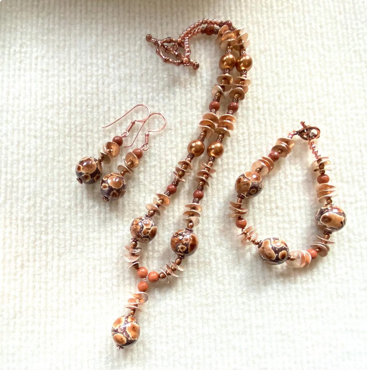 Spotted Drum Wood & Red Jasper Jewelry Set with Copper Disks: Choose Earrings, Bracelet, Necklace, or Entire Set