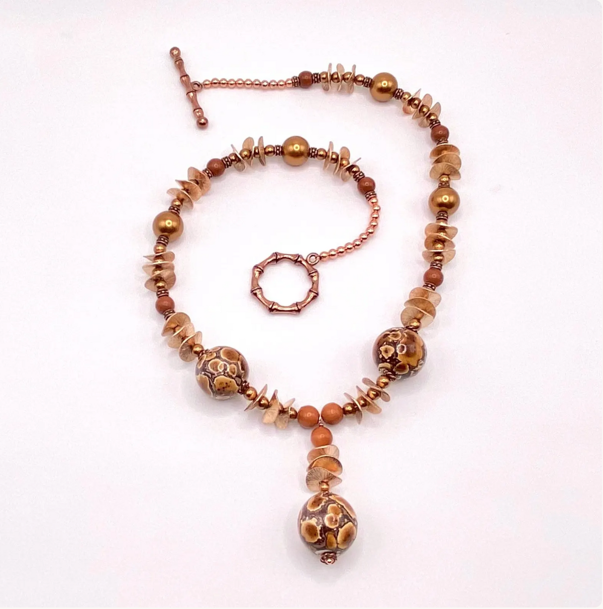 Spotted Drum Wood & Red Jasper Jewelry Set with Copper Disks: Choose Earrings, Bracelet, Necklace, or Entire Set